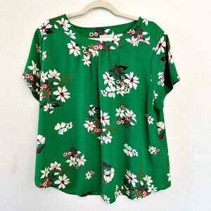 Van Heusen Womens Kelly Green Floral Short Sleeve Blouse XL Preppy Office Core